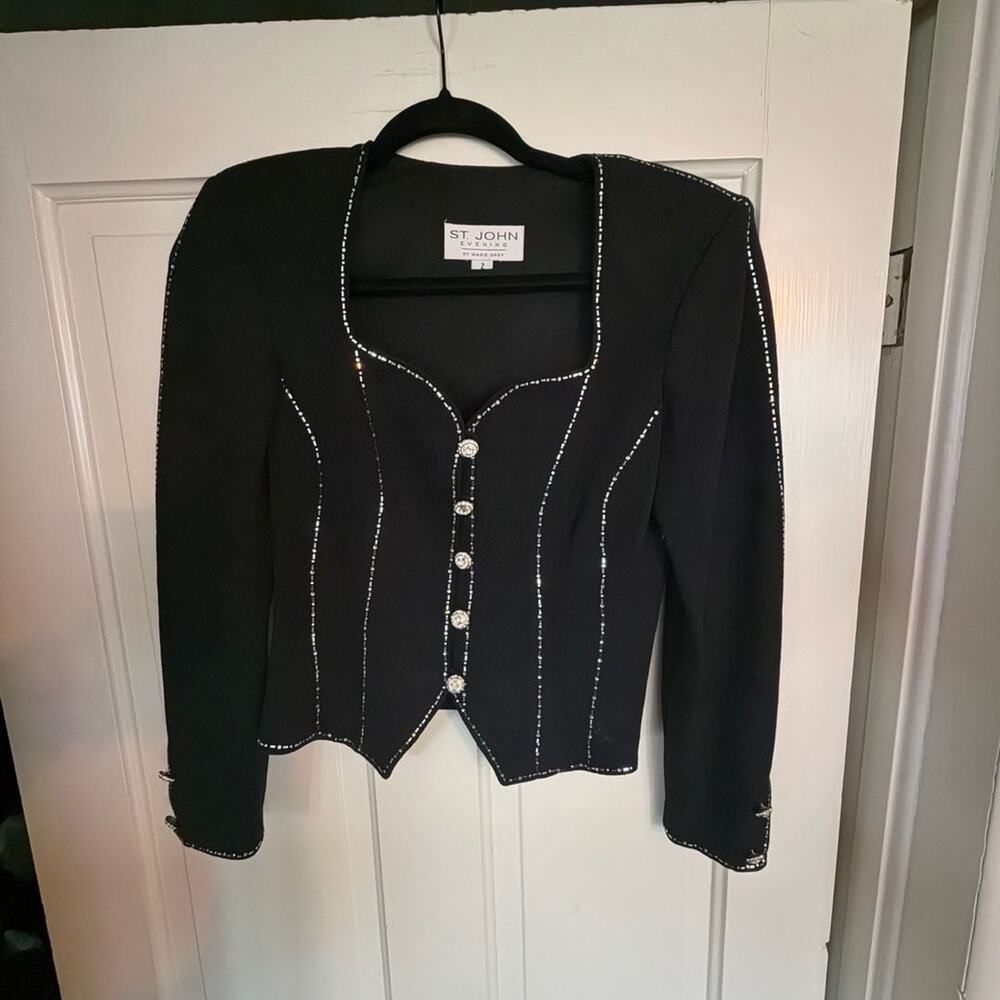 St. John Evening by Marie Gray Black Knit Rhinestone Embellished Blazer Jacket
